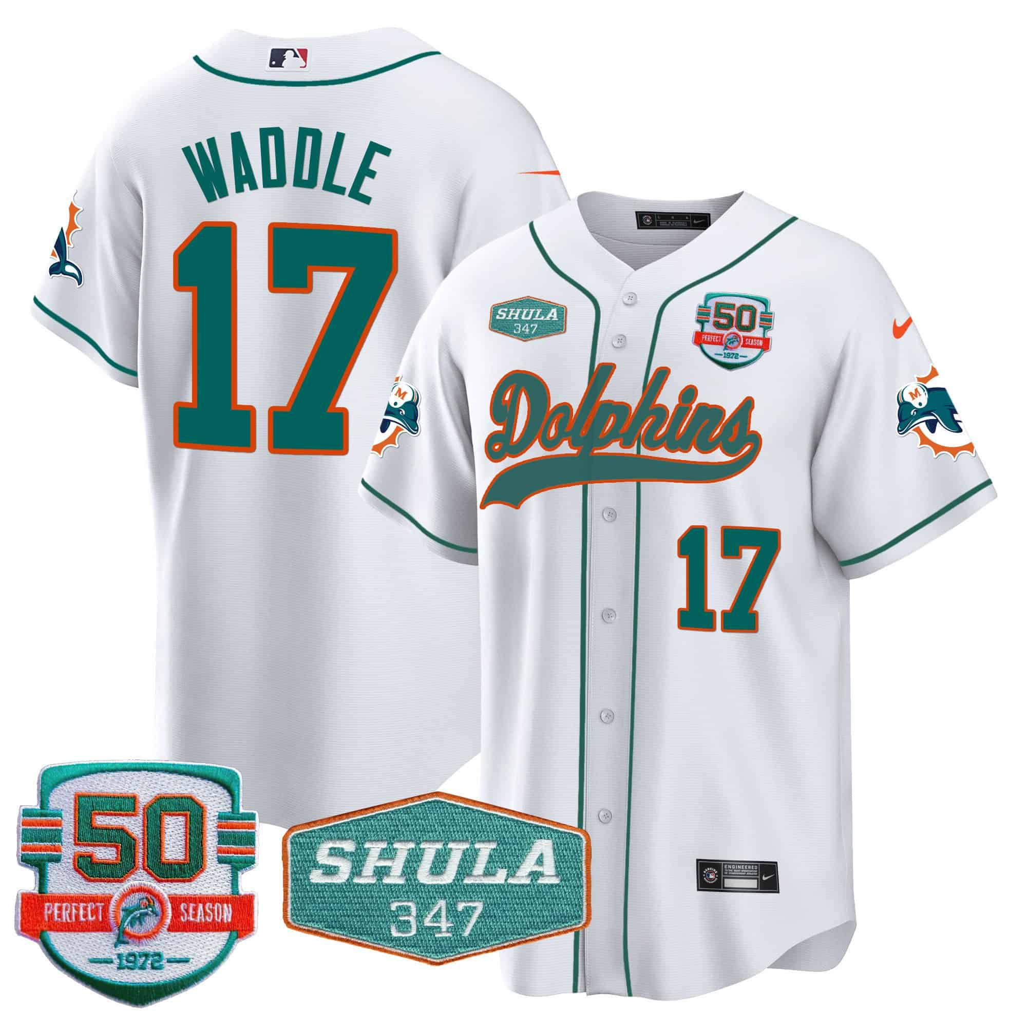 Men Miami Dolphins #17 Waddle White 2024 Nike 50th Don Shula Memorial Patch Baseball NFL Jersey